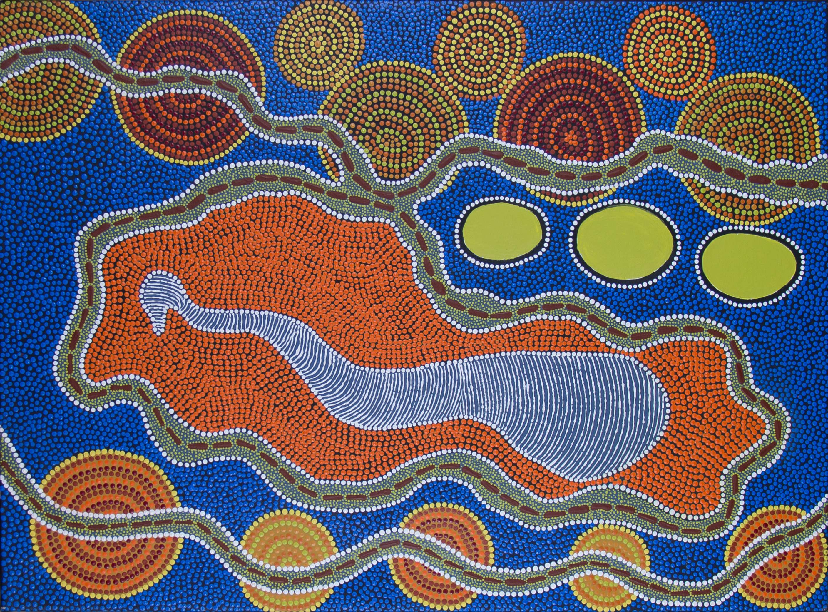 Image showing one of the Shared Sky artworks with the following caption “The Emu in the Sky represents the time to go looking for emu eggs and it was special to us because our parents – my mum especially – couldn’t wait for emu egg to bake us a special fresh emu egg cake.”