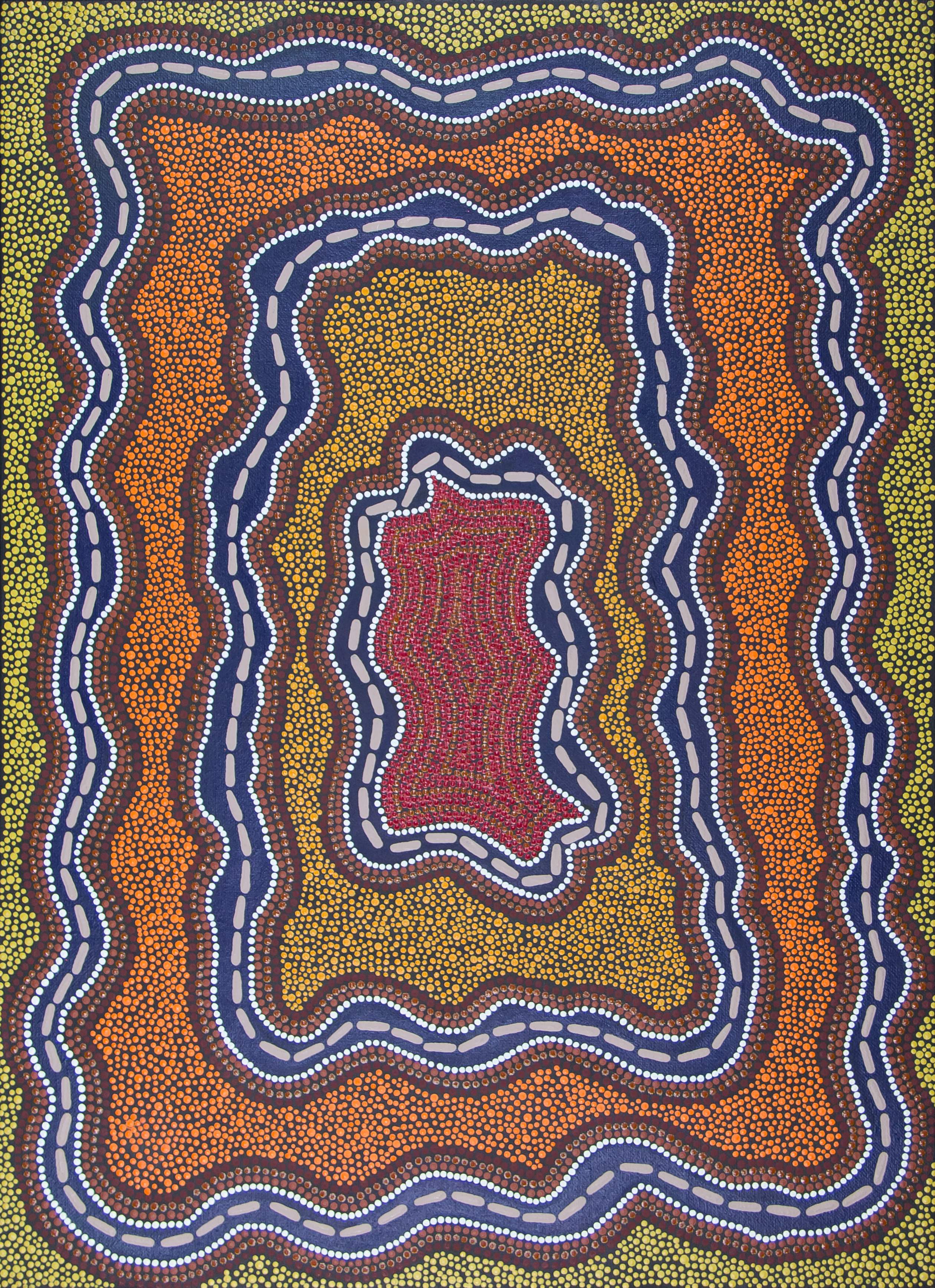 Image showing one of the Shared Sky artworks with the following caption “Emu start laying eggs at the start of winter. When caterpillar start moving around in long lines tells us that the emu is sitting on the eggs.”