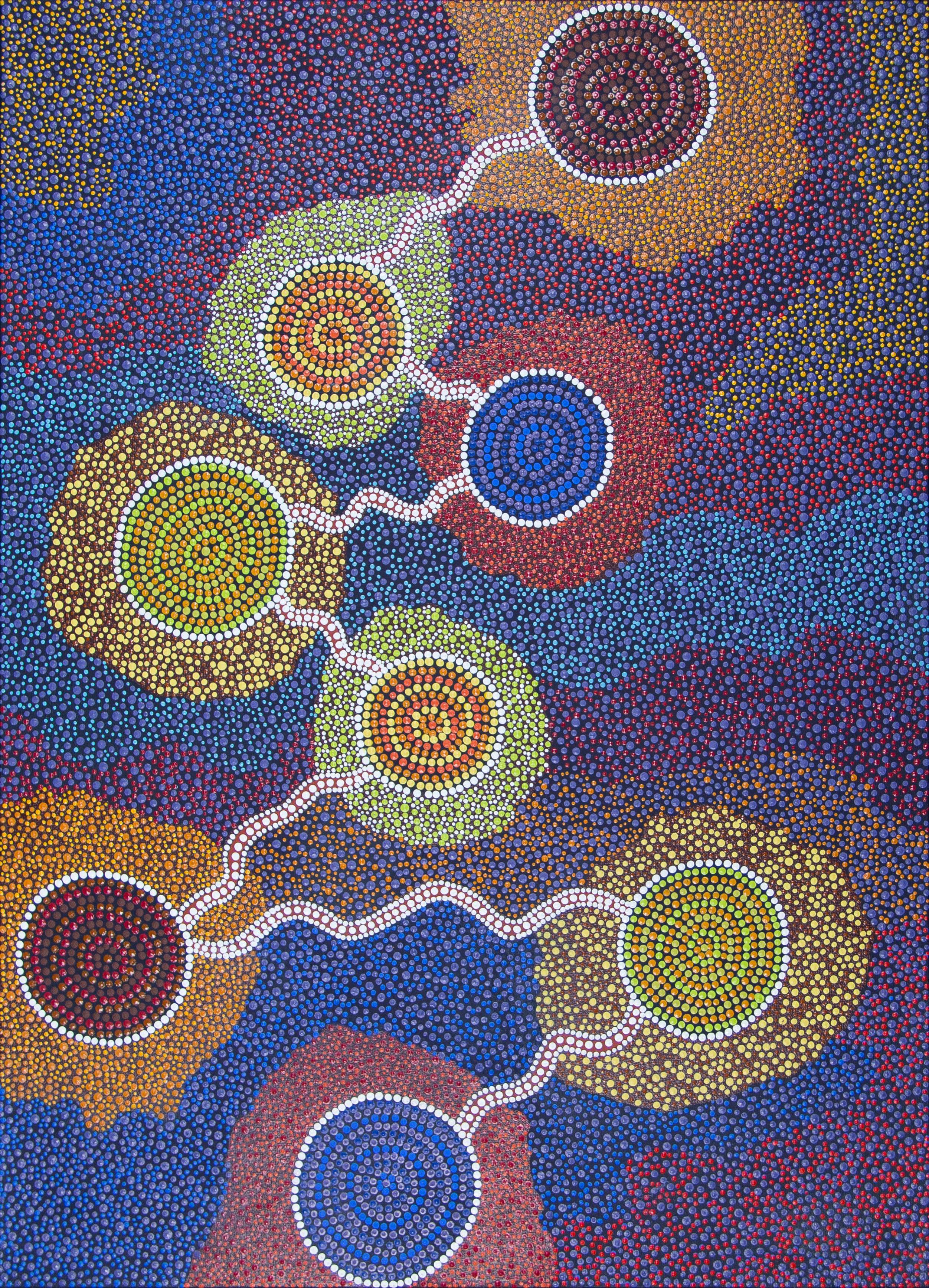 Image showing one of the Shared Sky artworks with the following caption “This constellation made me think of a sound wave from space and the symbol of the constellation. I was intrigued  by sound coming from space and it sounded like static. That is why I painted it.”