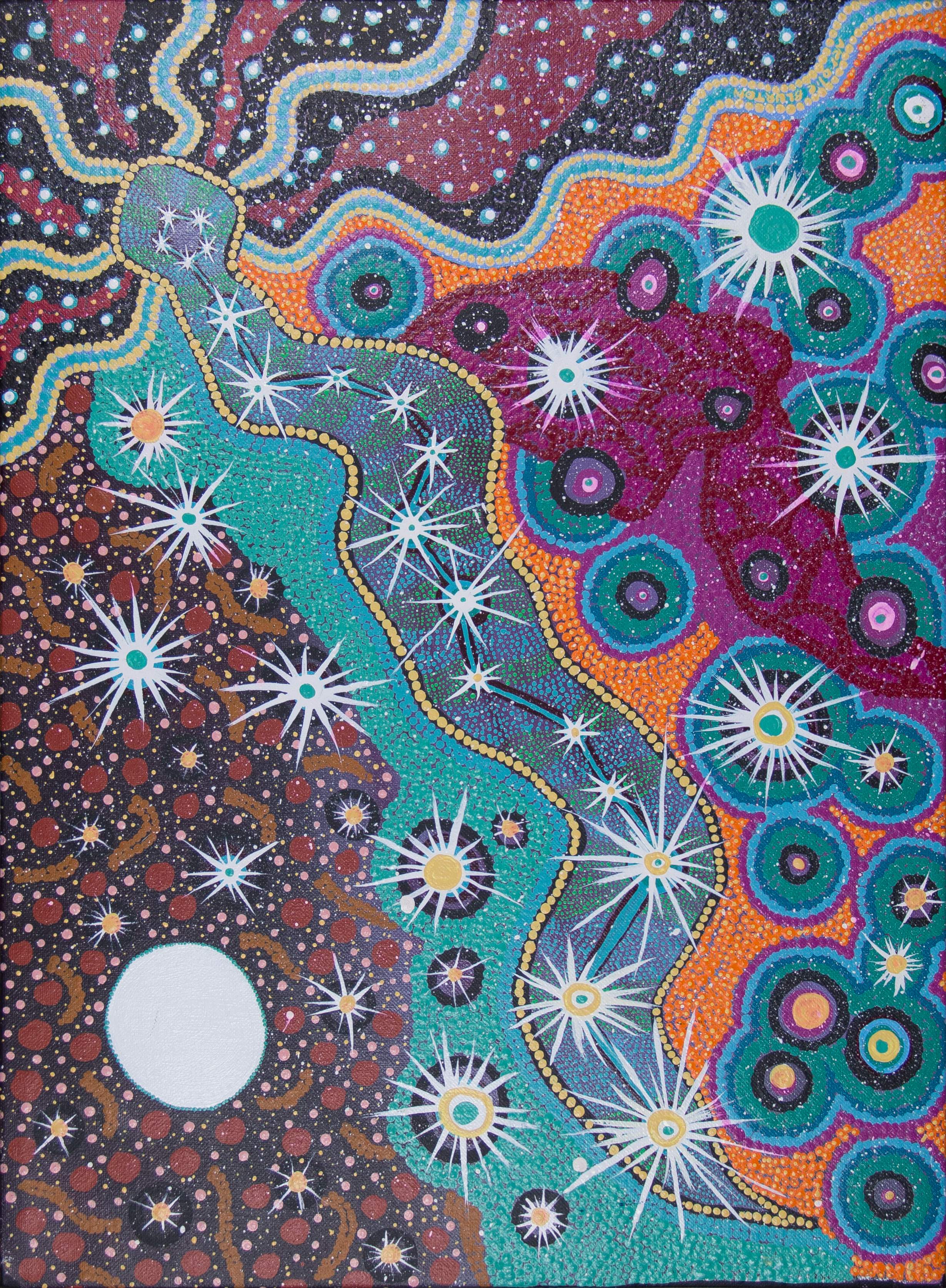 Image showing one of the Shared Sky artworks with the following caption “The Water Serpent, stretched across the sky with its many heads, was a monster until it  was cut and killed. The red blood drips down from the clot. The browns and orange show that the Hydra can be seen best in autumn.”