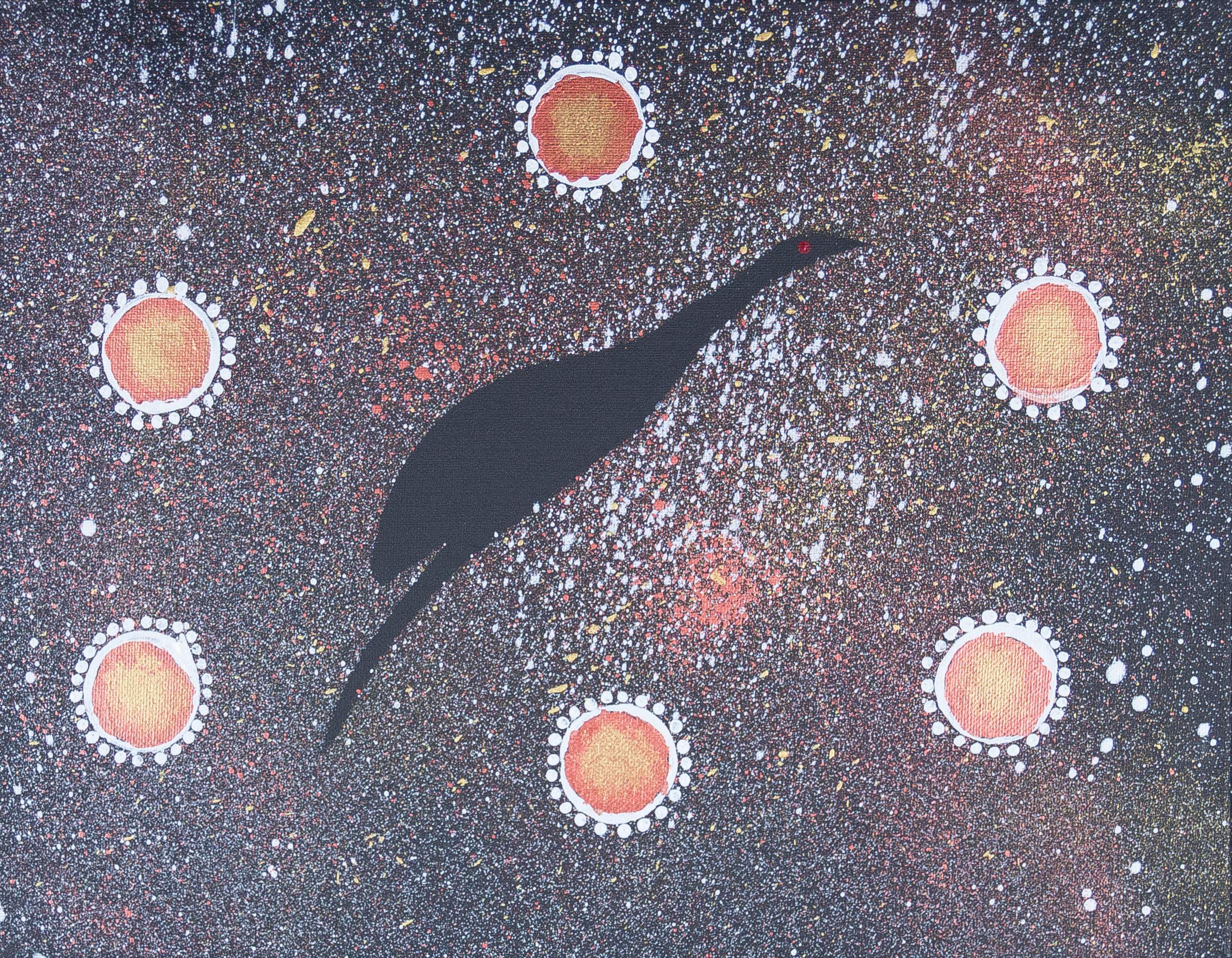 Image showing one of the Shared Sky artworks with the following caption “When the Yallabirri (emu) appears in the sky in preparation for the laying of the eggs.”