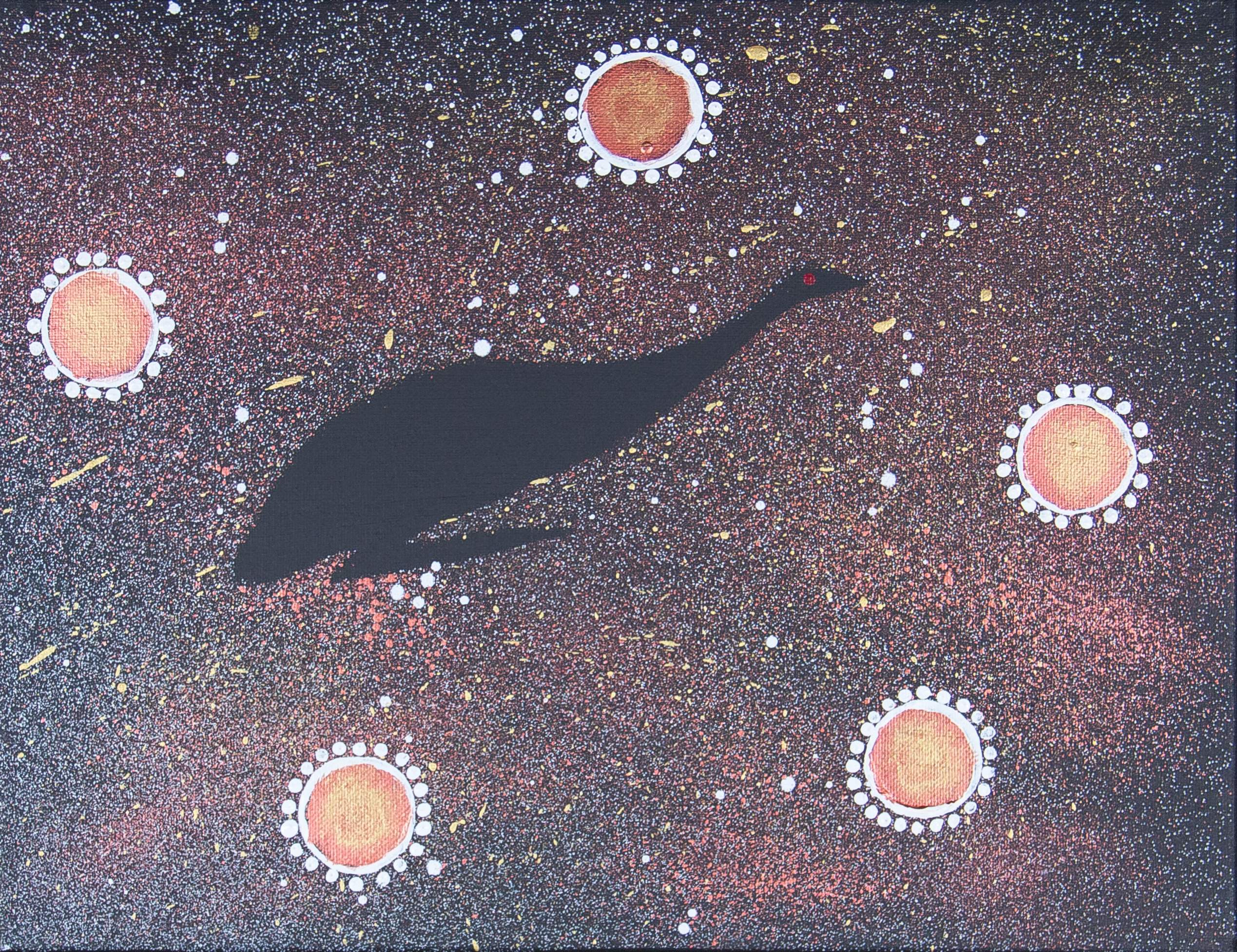 Image showing one of the Shared Sky artworks with the following caption “Yallabirri (emu) lying on the eggs.”