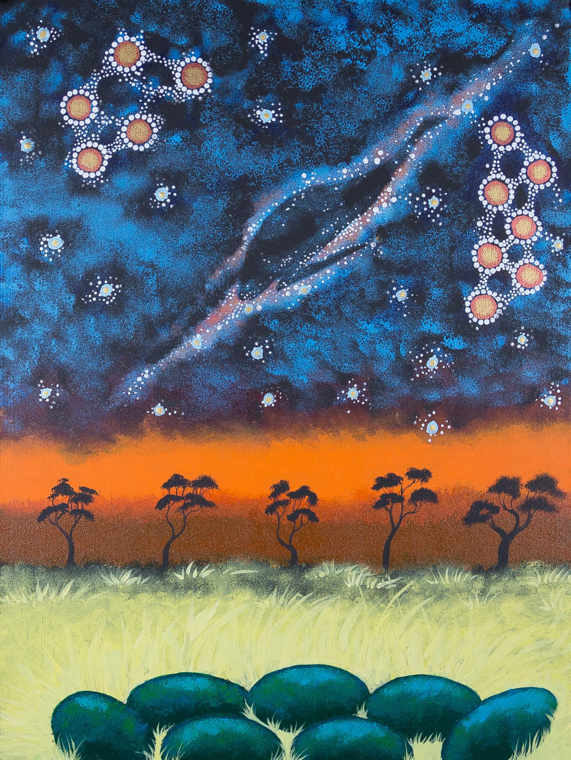 Image showing one of the Shared Sky artworks with the following caption “Tells us when the emu eggs have been laid, also Seven Sisters & the Southern Cross.”