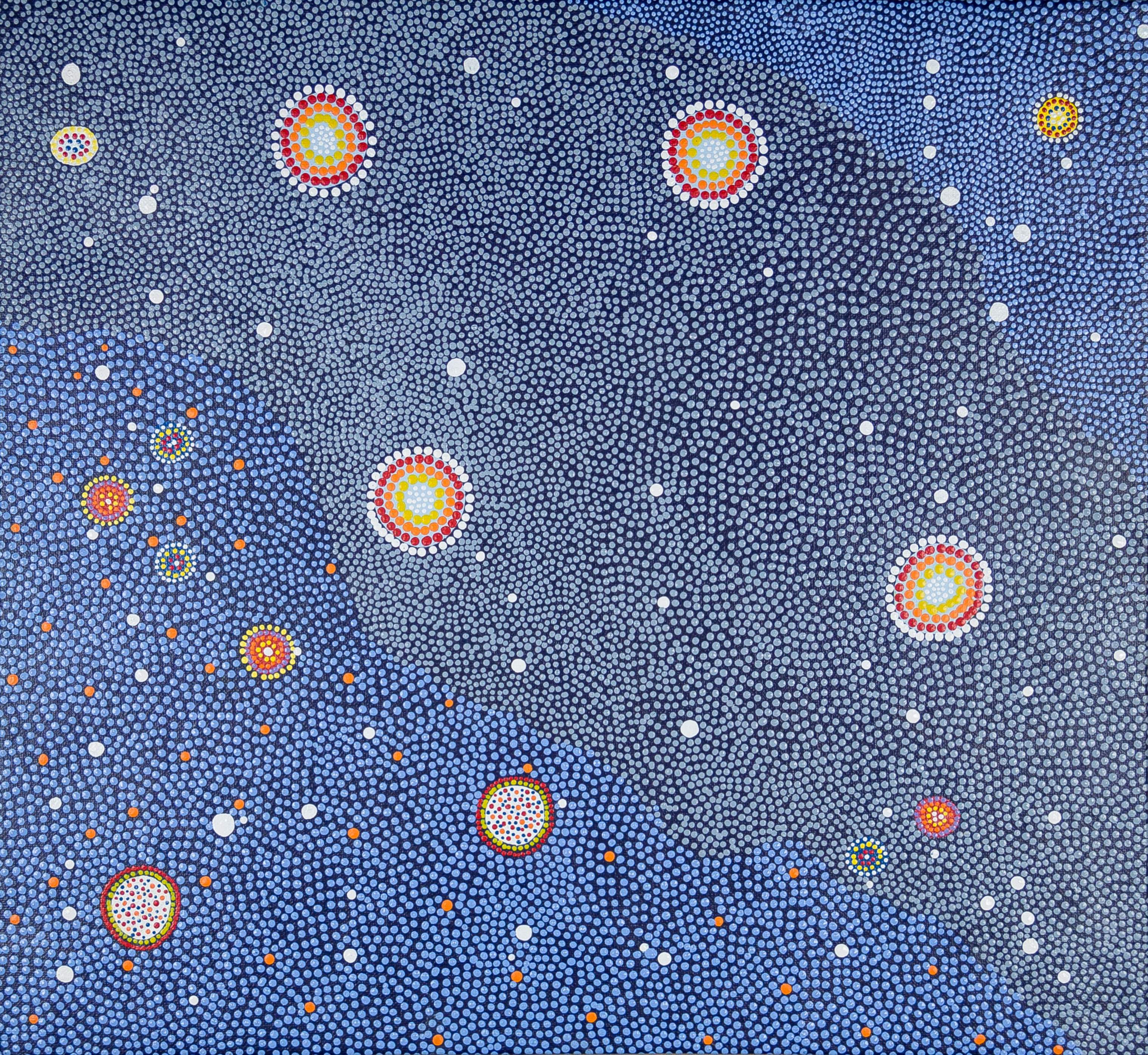 Image showing one of the Shared Sky artworks with the following caption “An Aboriginal story of the pink and grey galahs. They had a big disagreement with the other birds, so they fled up into the sky to escape. They were then turned into stars forming the Southern Cross and the Pointers.”