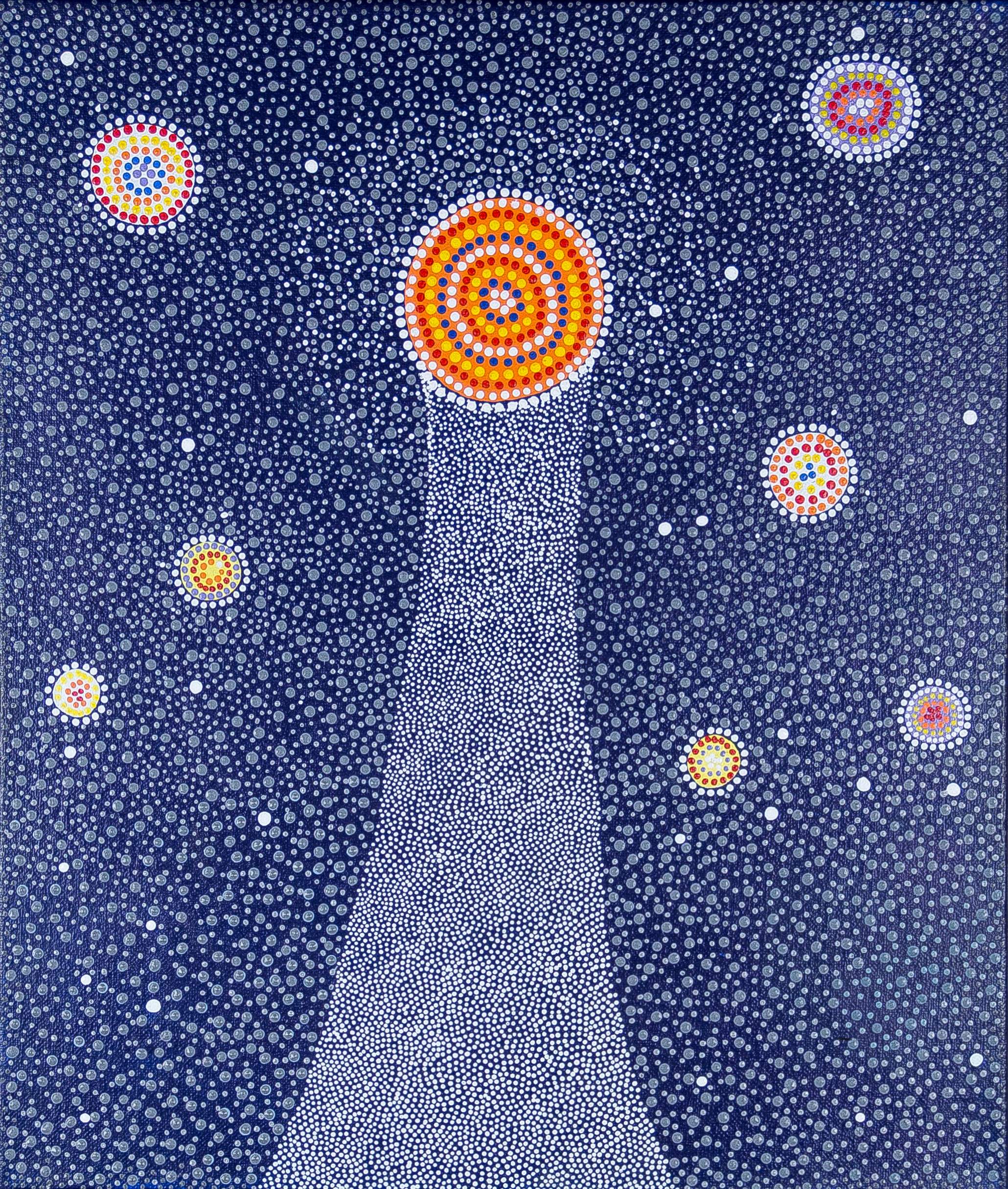 Image showing one of the Shared Sky artworks with the following caption “This is the story of the beautiful morning star, Venus. I was inspired by Ray Norris on a field trip to Boolardy Station, at the site. We were walking around at 4 oclock on a dark morning to catch a glimpse of the ‘Morning Star Rope’ phenomenon, which at certain times of the year appeared. Ray Norris excitedly explained how it appeared.  So this is the painting to depict what actually occurs.”