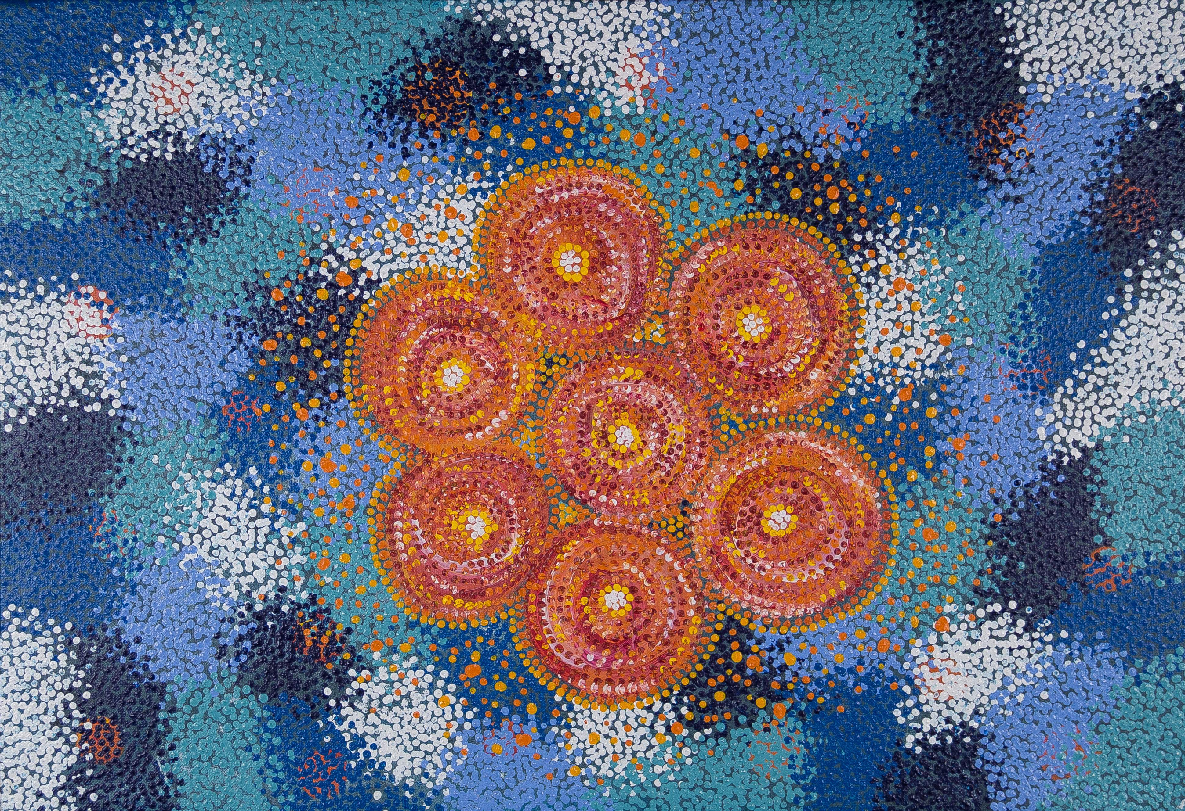 Image showing one of the Shared Sky artworks with the following caption “My painting is about the Seven Sisters, one is sick and the rest are looking after her.”