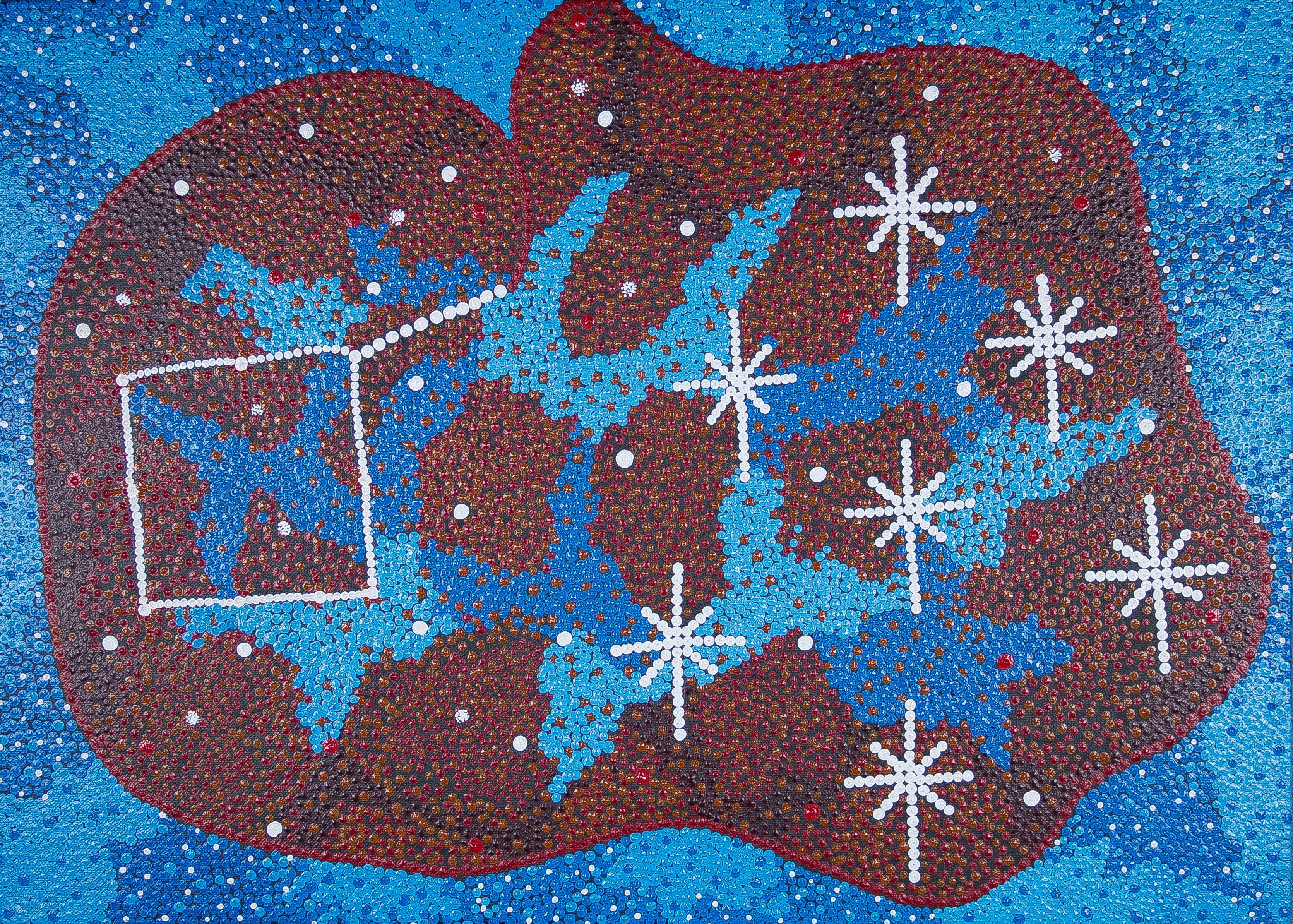 Image showing one of the Shared Sky artworks with the following caption “The Pot is a warrior upside down and he is chasing the Seven Sisters because he wants one of them but the rest are trying to hide her.”