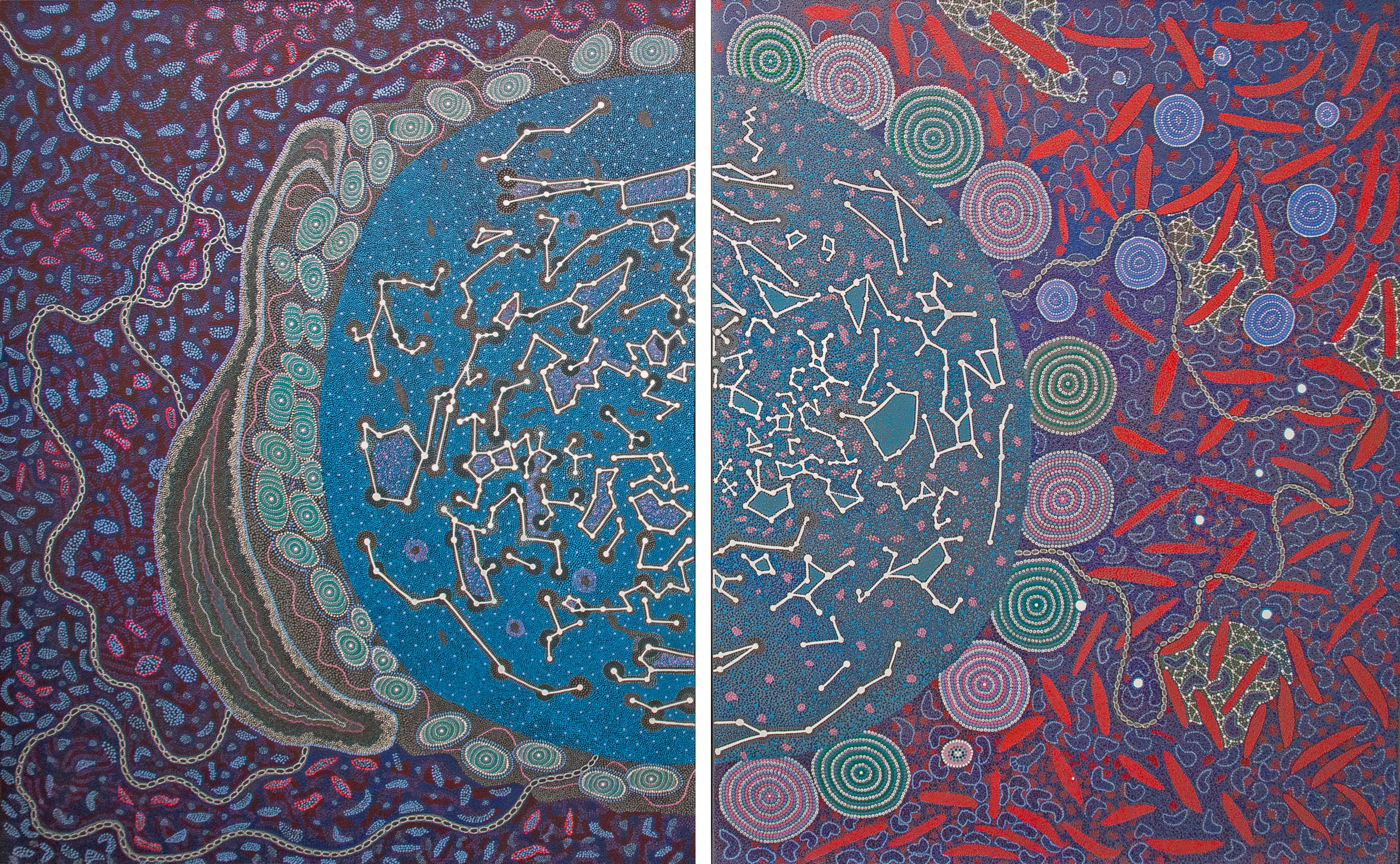 Image showing one of the Shared Sky artworks with the following caption “It doesn’t matter where we live on this barna (earth). Nganha (we) are all sharing the same Ilgari (sky). Although we may see different Ilgarijiri (things belonging to the sky) we are looking up at the same stars and constellations. We are Ilgari Inyayimanha (sharing the sky). Bulgari Ingari Inyayimanha. Those two are sharing the sky – Australia and South Africa. Ngahu ilgari Inyayimanha. (We are all sharing the sky).”