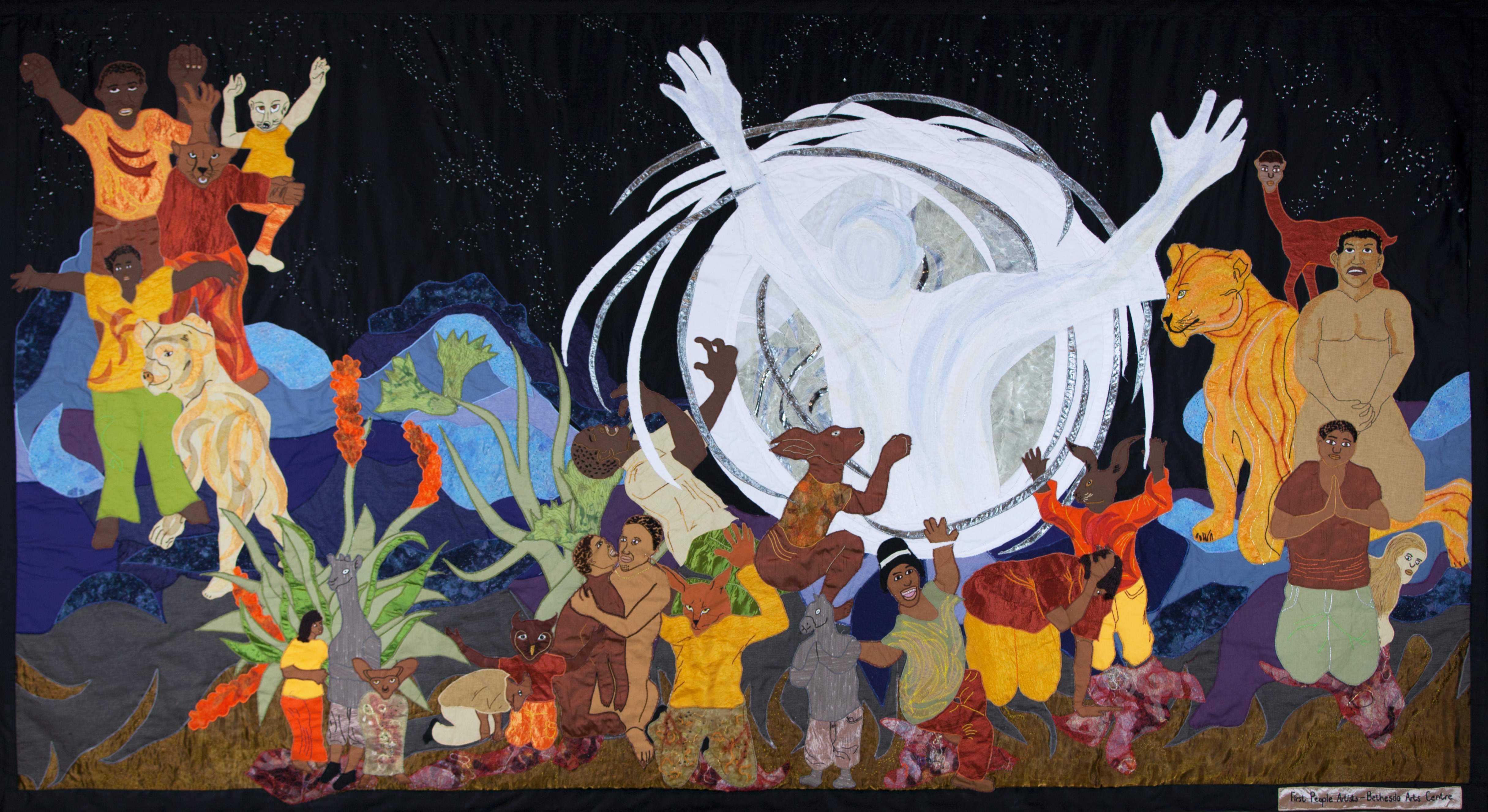 Image showing one of the Shared Sky quilts created to show the moon bringing about the origin of death.