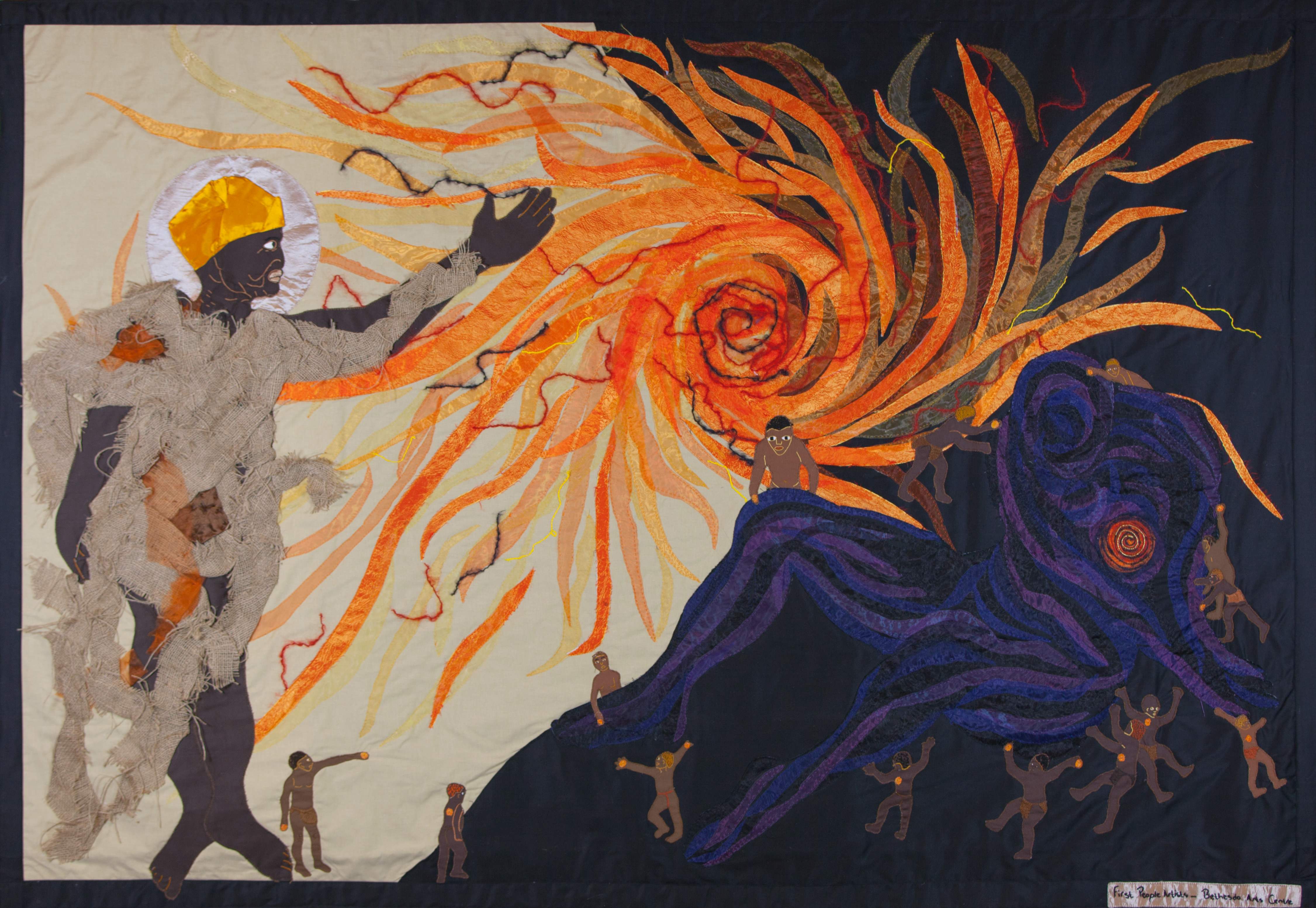 Image showing one of the Shared Sky quilts created to show the sun leaving his house to light the world.