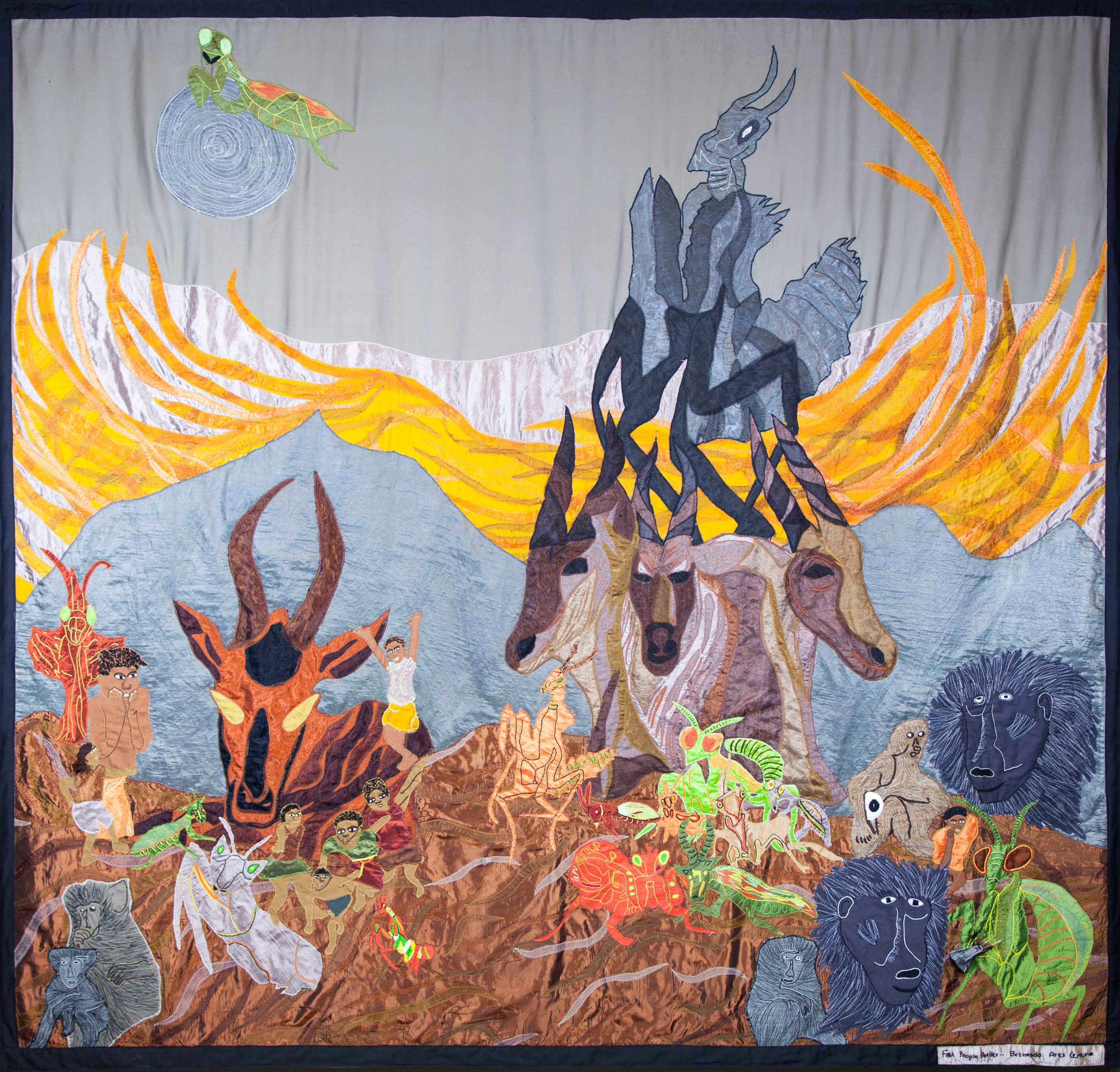Image showing one of the Shared Sky quilts created to show Praying Mantis's, Baboons and Red Hartebeest.