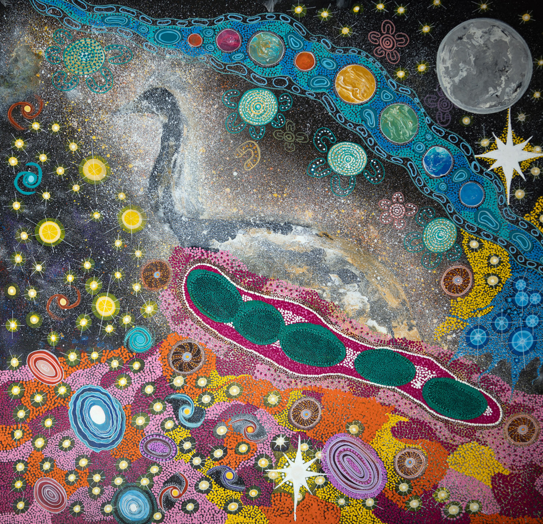 Painting showing several astronomical elements. Central in the painting sits the Emu in the Sky. Above it is a blue band filled with colourful planets in different sizes. The top right holds the full moon. Below the Emu are patches of different forms and colours, intermingled with stars and galaxies.
