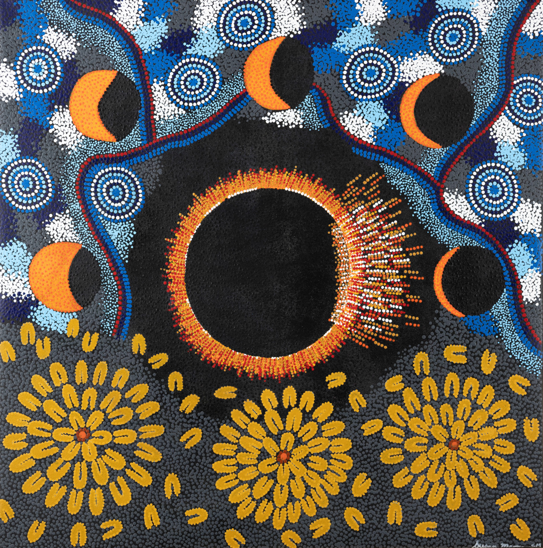 Painting of an eclipse. In the middle is a big black circle surrounded by an orange halo. Around this central circle are five more smaller circles looking like the phases of the moon in orange. Below the central circle are three big yellow flower-like circles created out of smaller yellow petals.