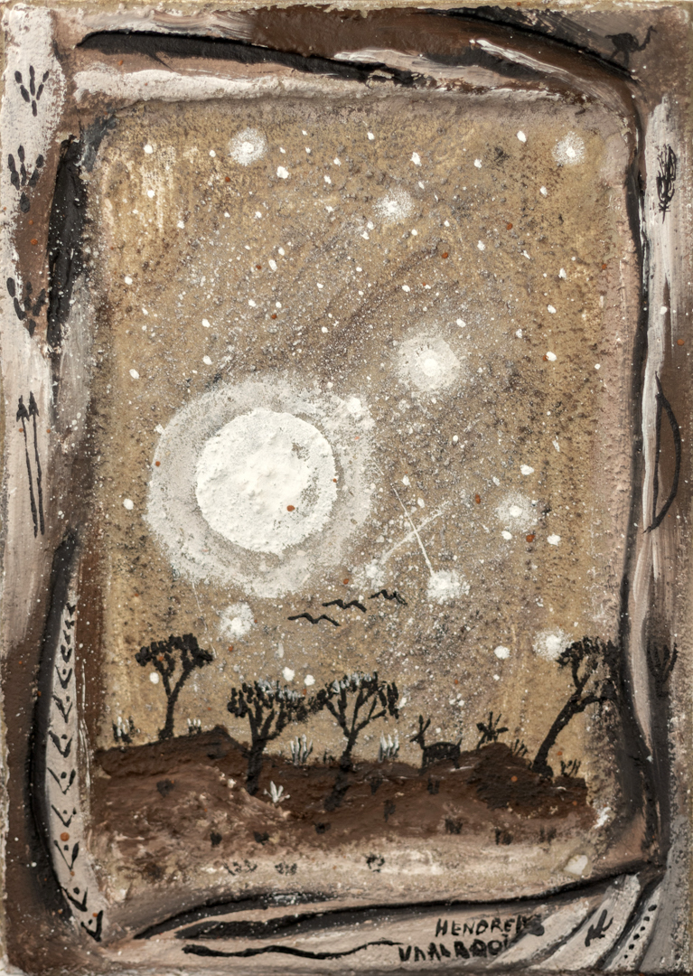 Painting of a landscape in the Karoo with trees and a full moon.