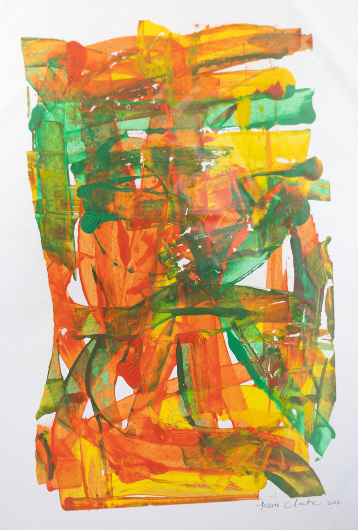 Painting with brush strokes in yellow, orange and green on paper.