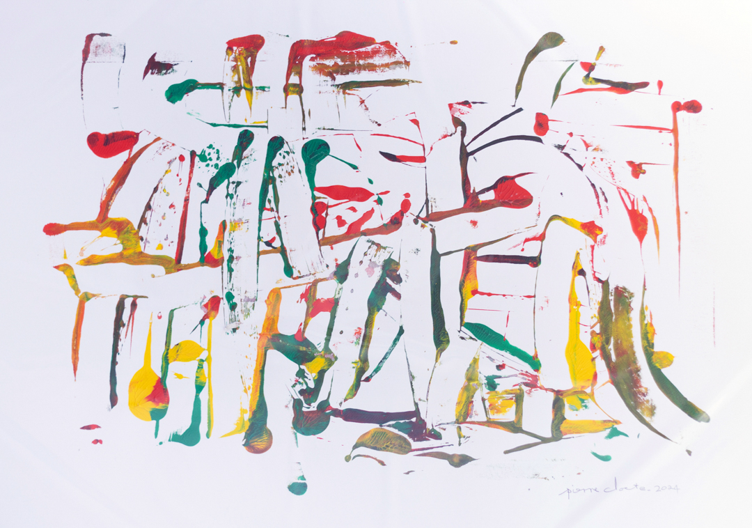 Painting with thin lines in many colours on paper. The lines do not fully cover the page and leave many strips blank.