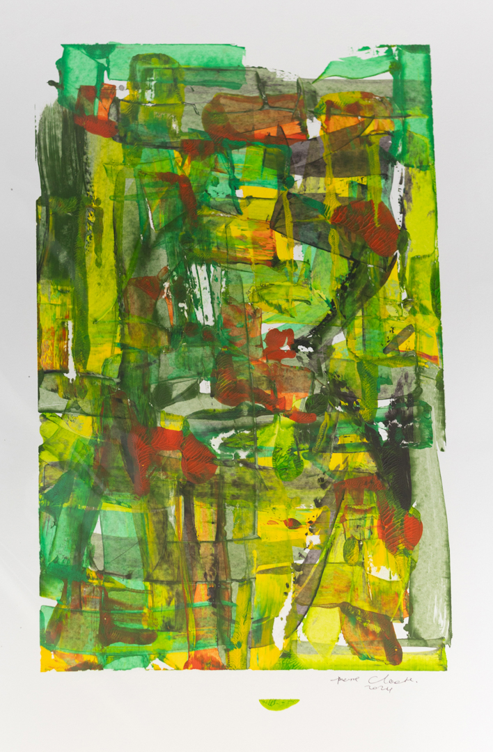 Painting with brush strokes in yellow, red and different shades of green on paper.
