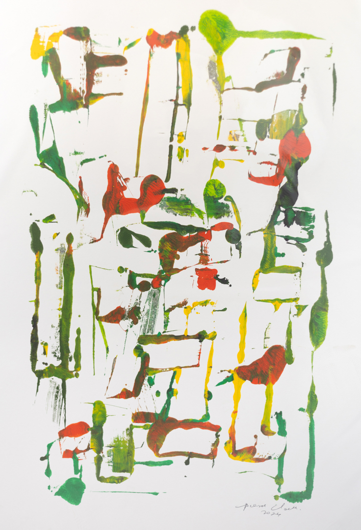 Painting with thin brush strokes in yellow, green and red on paper. Different forms appear where the strokes touch one another.