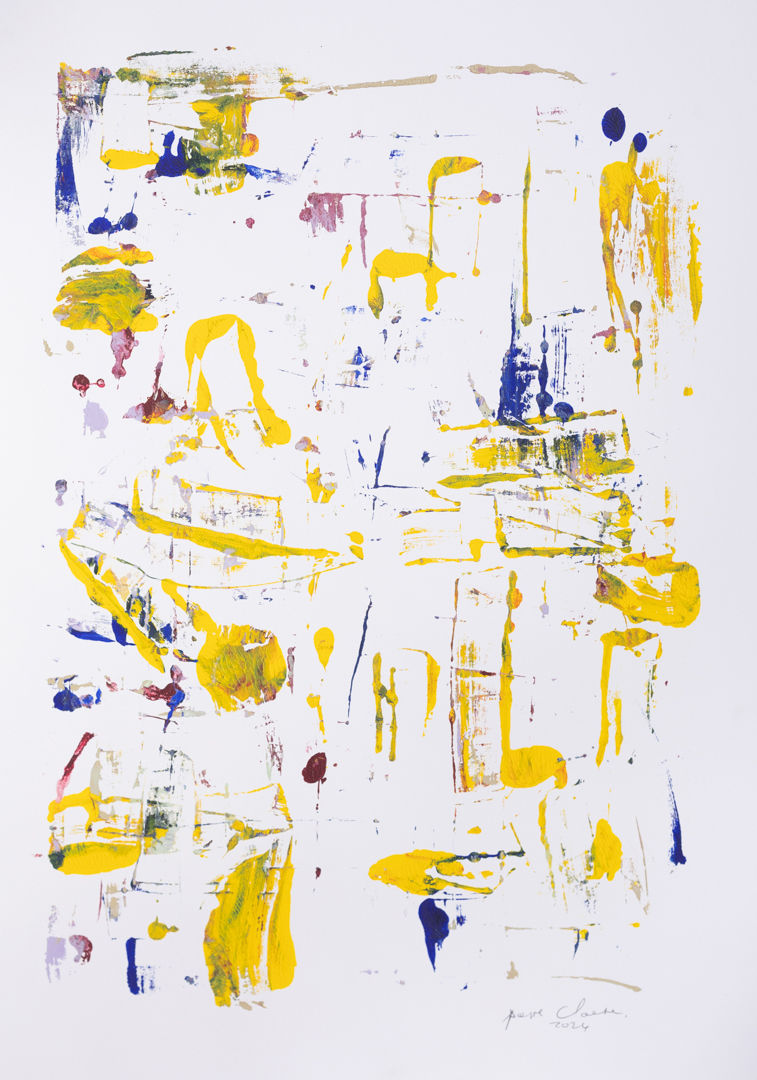 Painting with thin brush strokes in yellow and blue on paper.