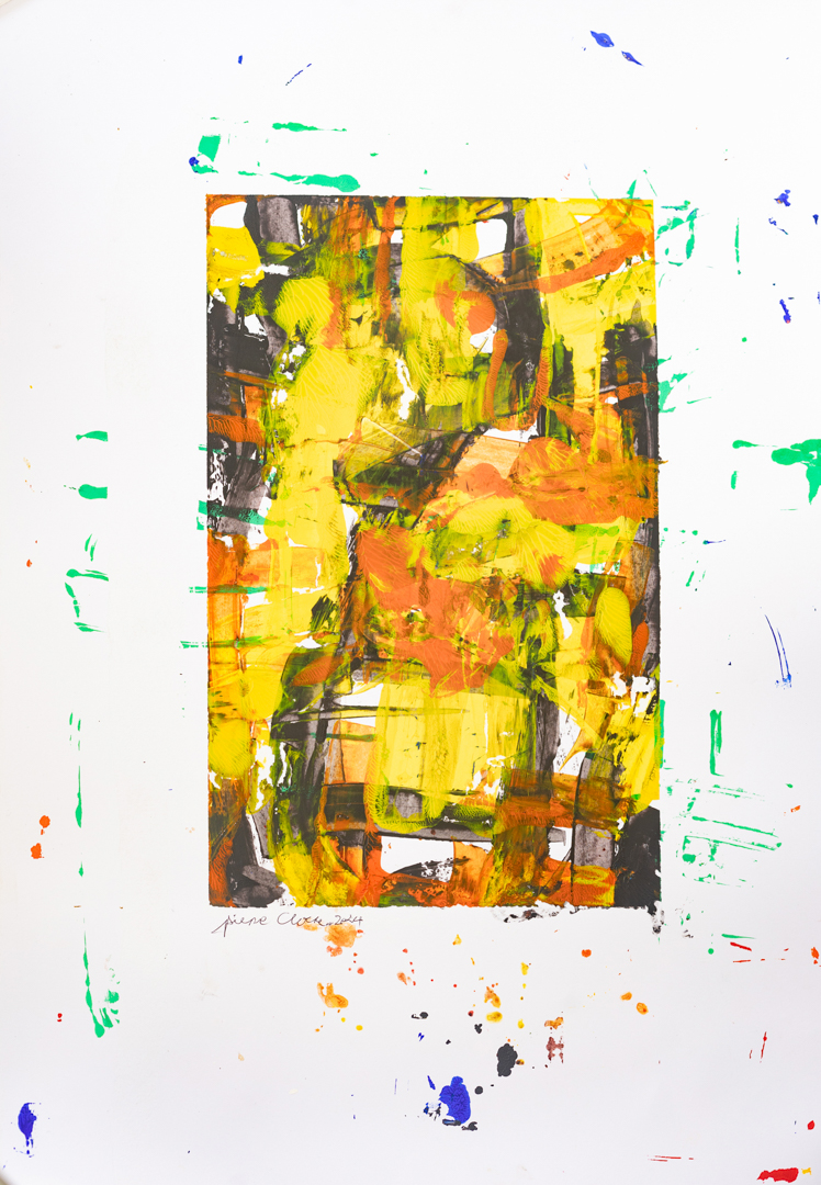 Painting of a rectangle in the middle filled with the colours yellow, orange and brown surrounded by specks of paint in different colours.