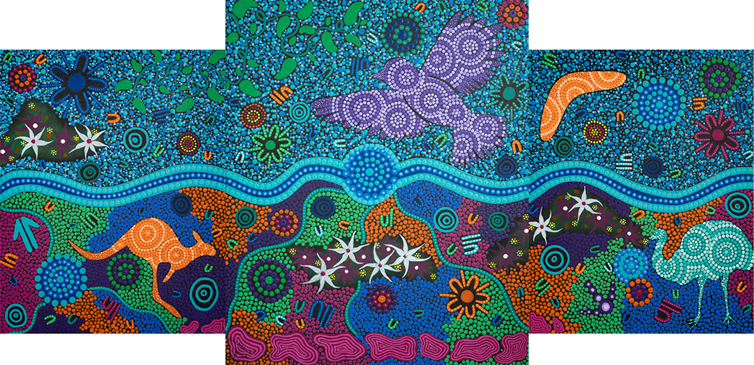Painting consisting of three canvases with a wave-like line connecting them together. On the left panel features a kangaroo, the right panel an emu.