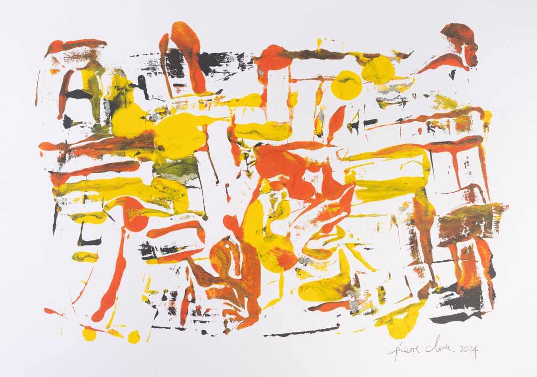 Painting with brush strokes in yellow, orange and brown on paper.
