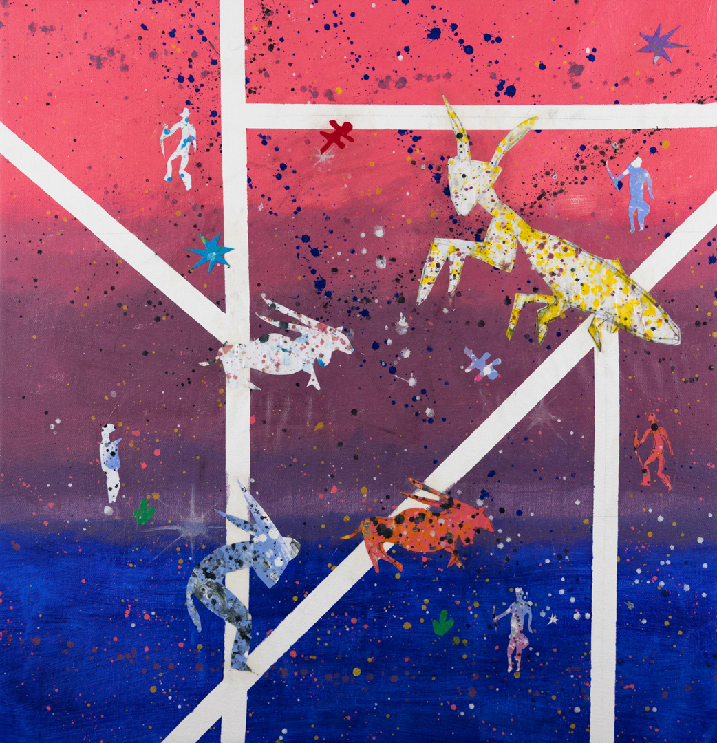Painting showing thick white lines crossing a canvas which has a pink band on top, a purple band in the middle and a blue band on the bottom. On top of the lines sit different animal and human figurines.