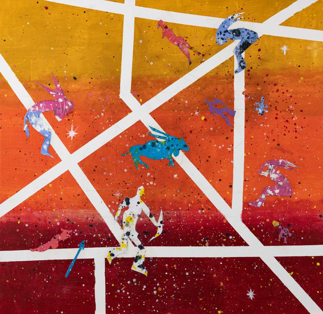 Painting showing thick white lines crossing a canvas which has a yellow band on top, an orange band in the middle and a red band on the bottom. On top of the lines sit different animal and human figurines.