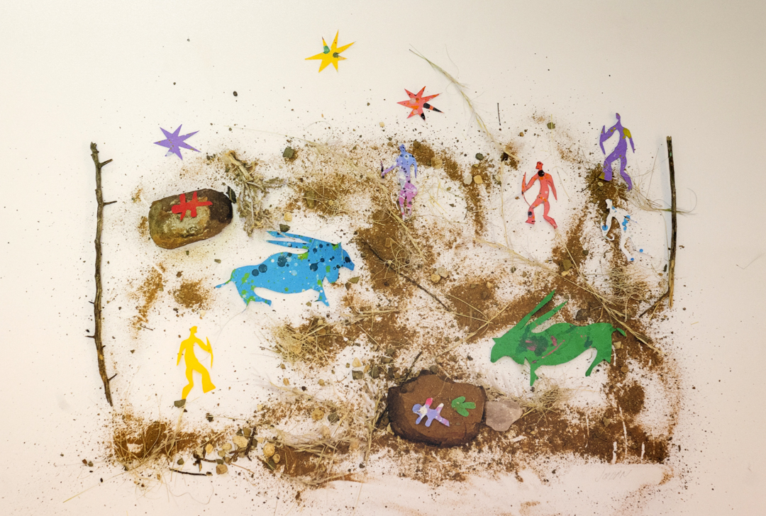 Composition of different elements: four people and two elands in a landscape made up of sand with stars overhead.