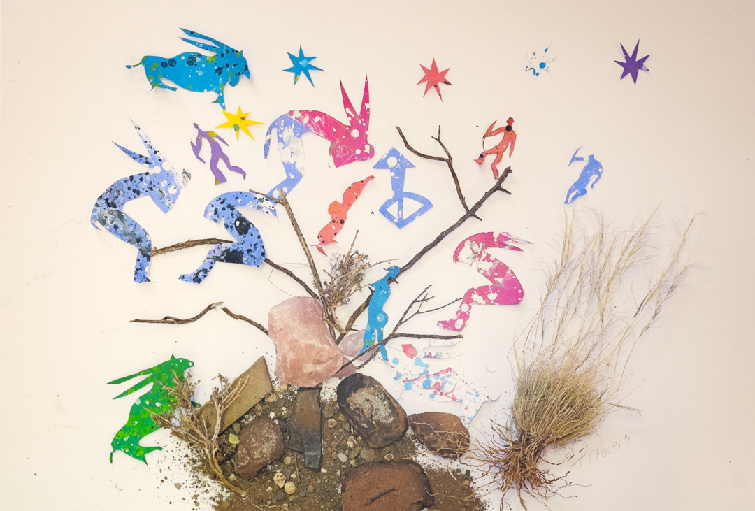 Composition of different elements: figures of animals and people sitting on a tree made from natural elements such as twigs, rocks and grass, with some stars above them.