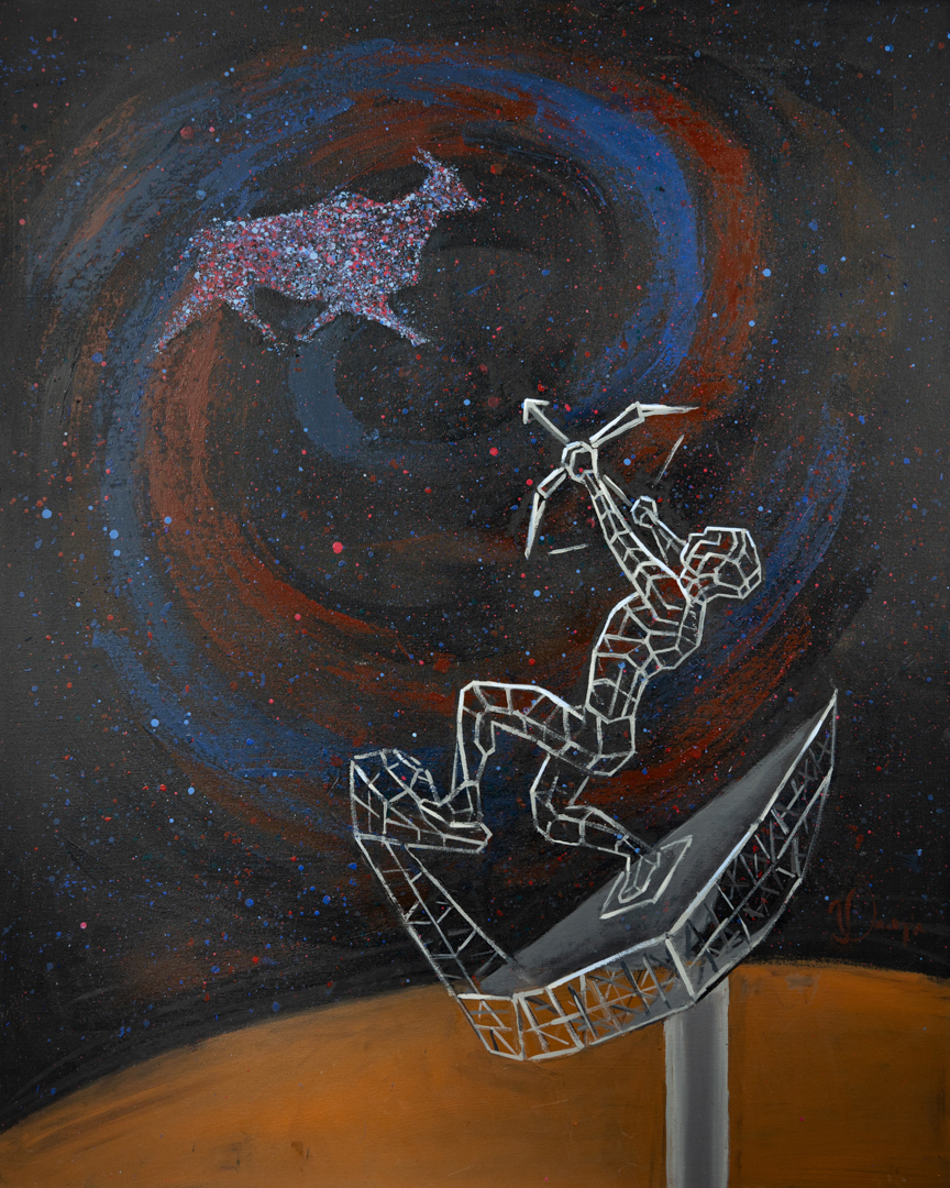 Painting of a man with a bow standing on top of a telescope dish in white lines, pointing the bow at an Eland walking by in the sky. The background spirals in blue and red.