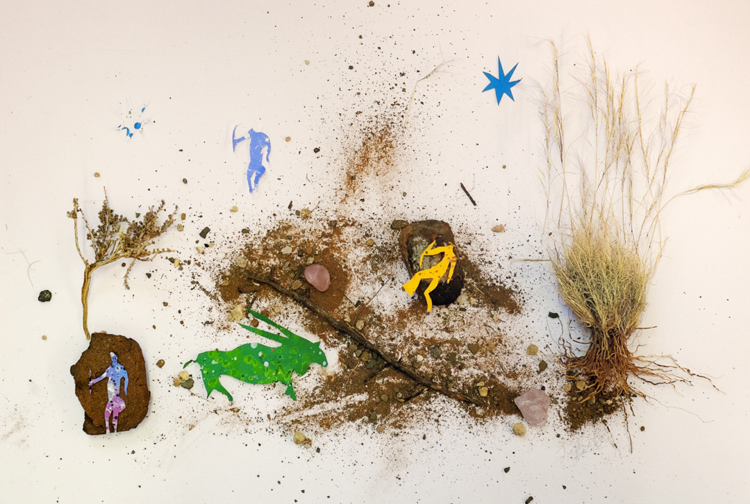 Composition of different elements: figures of animals and people sitting on a tree made from natural elements such as twigs, rocks and grass, with some stars above them.