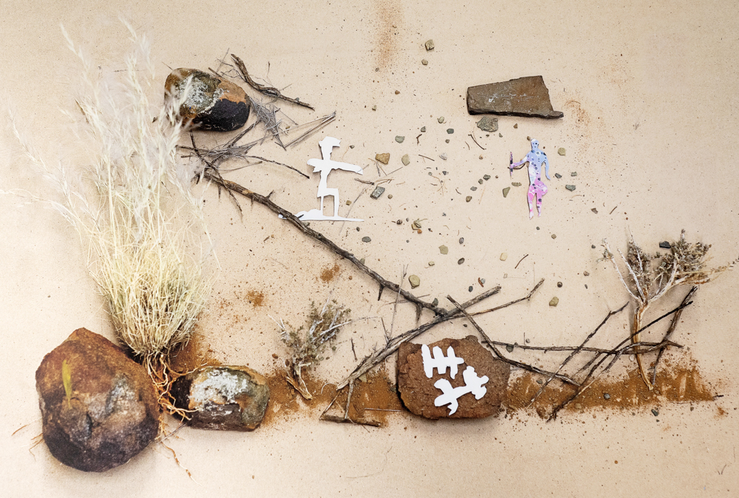 Composition of different elements: figures of animals and people sitting on a tree made from natural elements such as twigs, rocks and grass, with some stars above them.
