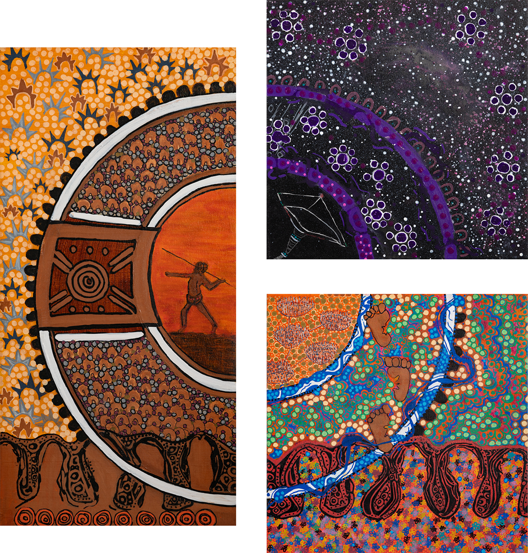 Painting spread over three canvases together showing a circle. The left canvas is rectangular and covers half a circle, within it is a man with a spear. The top right canvas has a quarter circle and a white drawing of a telescope within it. The bottom right canvas completes the circle. Footsteps walk across this painting upwards.