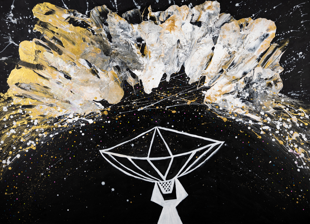 Painting of a telescope in white against a dark background. Above the satellites clouds of white and yellow seem to escape away from the telescope dish. The painting is speckled with white flecks.