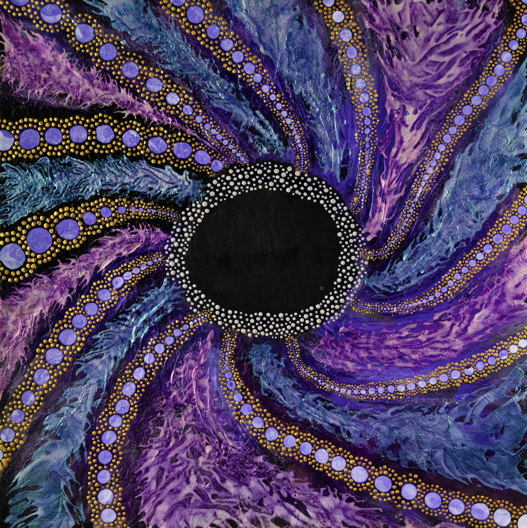 Painting of a black hole. The black hole sits in the middle with spiralling purple lines going towards it.