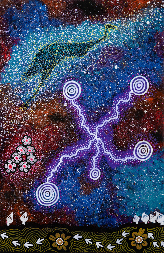 Painting showing the Emu in the Sky in the top left, the Southern cross in the middle where the stars are concentric circles connected by lines to one another. The bottom of the painting shows footprints of a bird and a 6 small telescope dishes looking up to the sky.