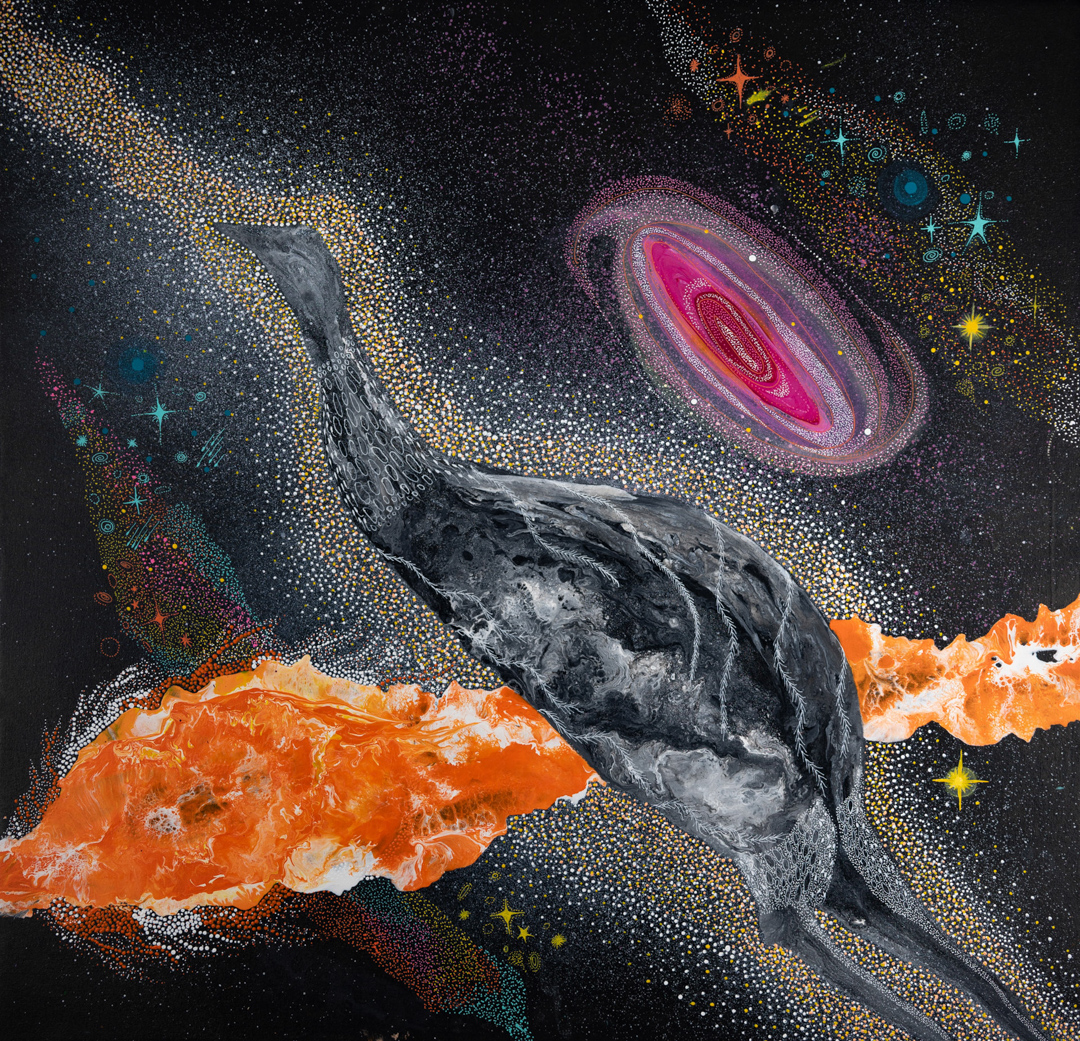 Emu in the Sky in grey and in front of an orange cloud stretching from left to right. Above the Emu floats a pink galaxy.