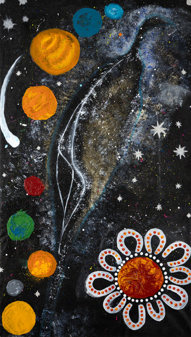 Painting of the Emu in the Sky in the centre with planets in different colours to the left and a flower to the right.