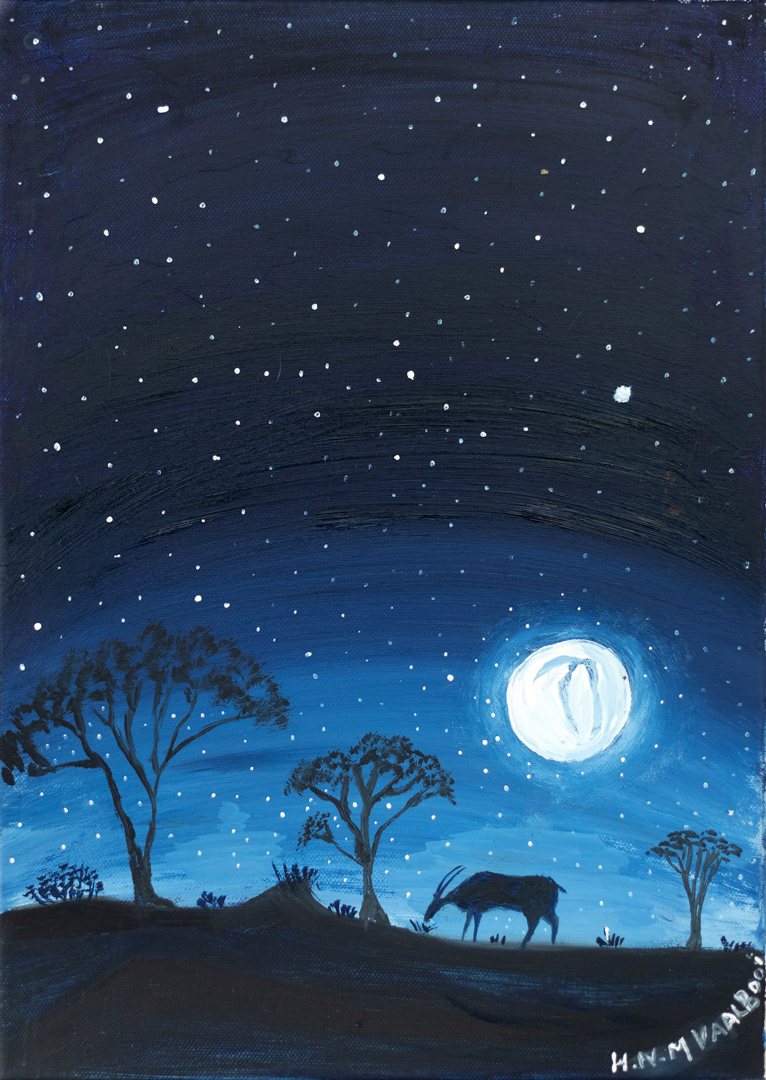 Night landscape of an eland between trees with the full moon and stars overhead.