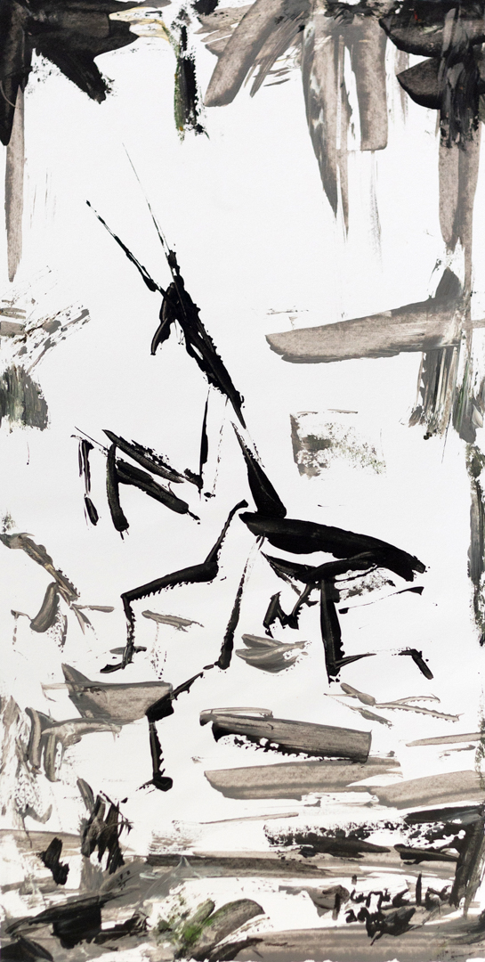 Painting of a mantis in thin black lines.