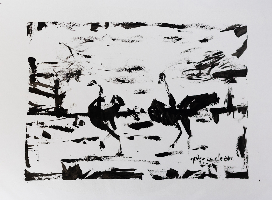 Painting of two ostriches in black lines.