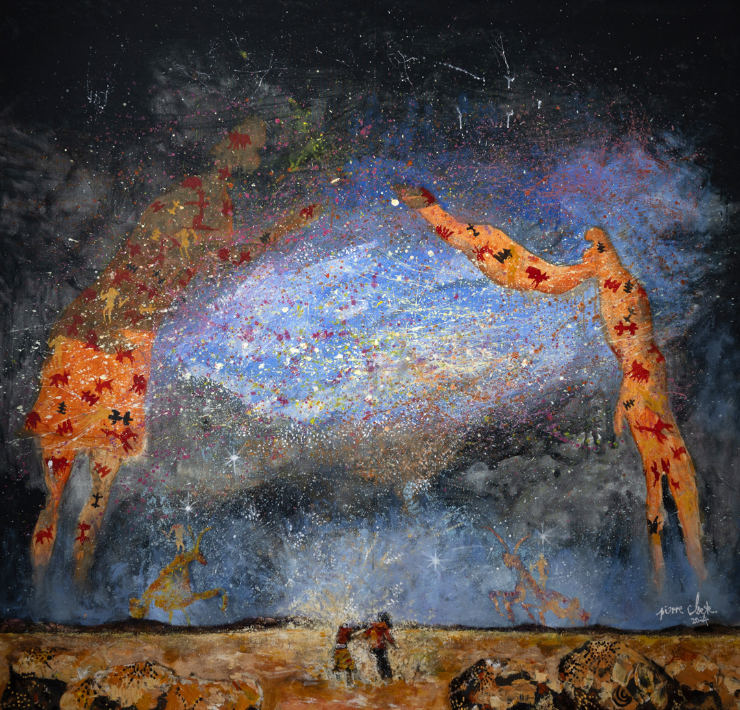 A man and woman performing a dance in a landscape. In the sky are two extended figures against a starry background.