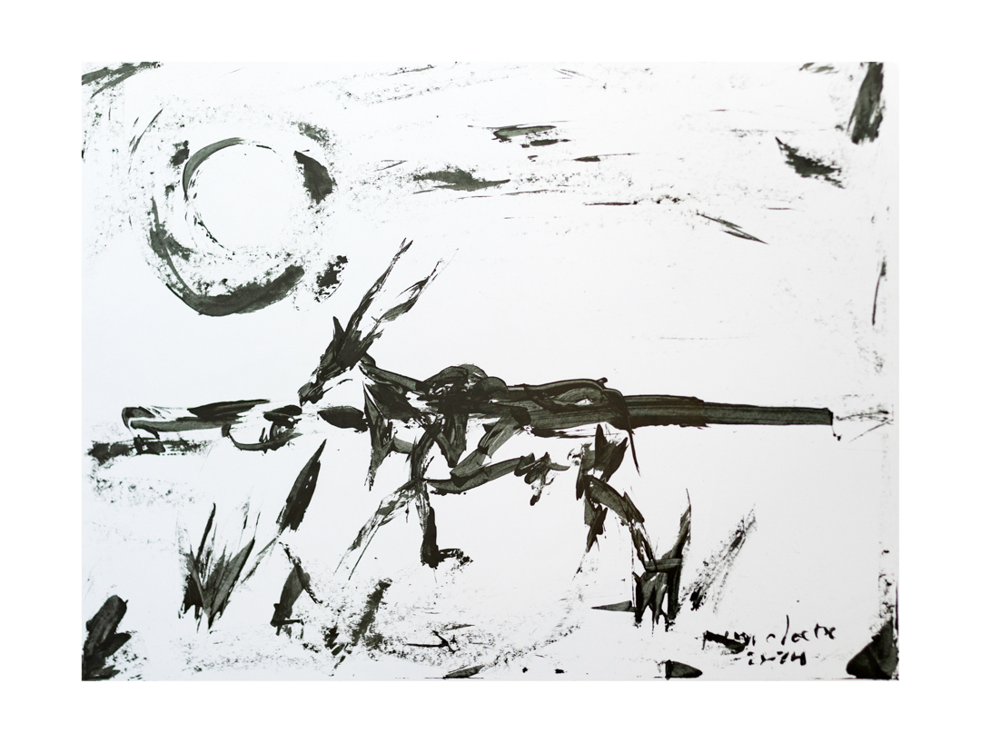 Painting of an Eland in a landscape in black lines.