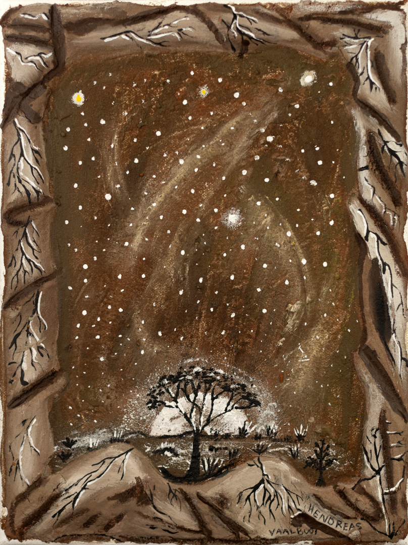 Painting of a tree in front of the full moon.