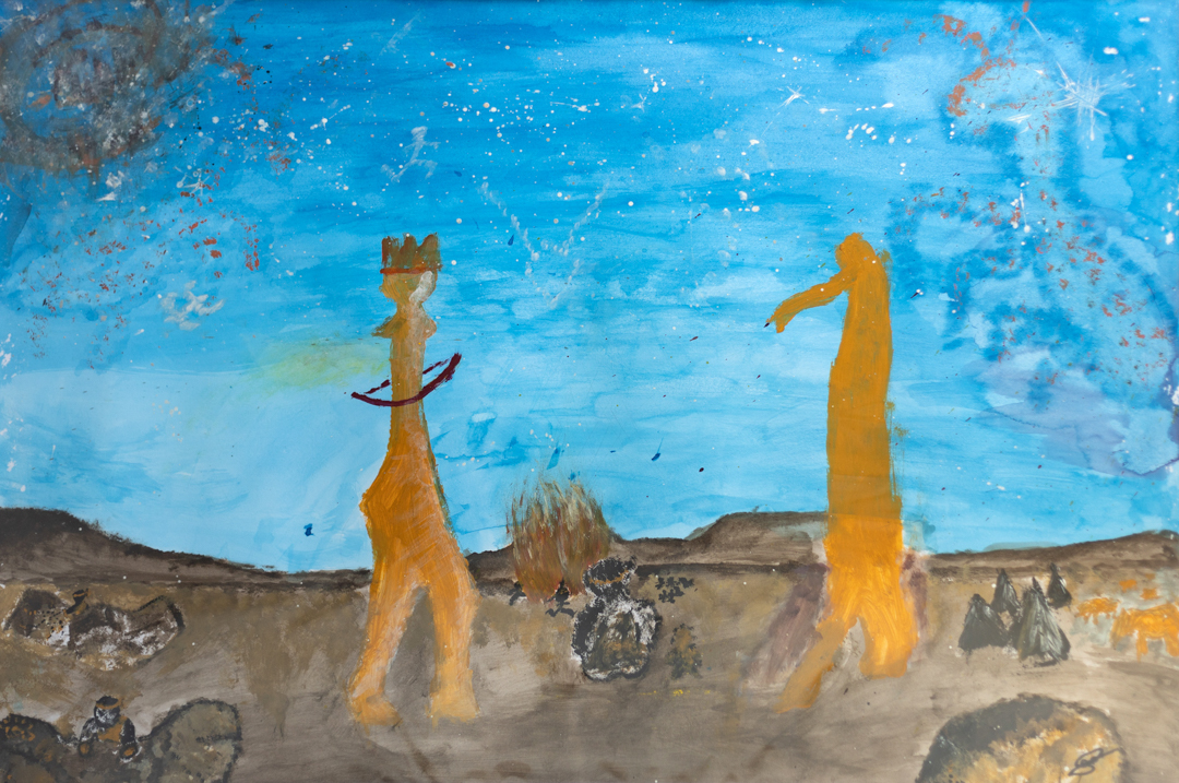 Painting of two figures dancing around a campfire.