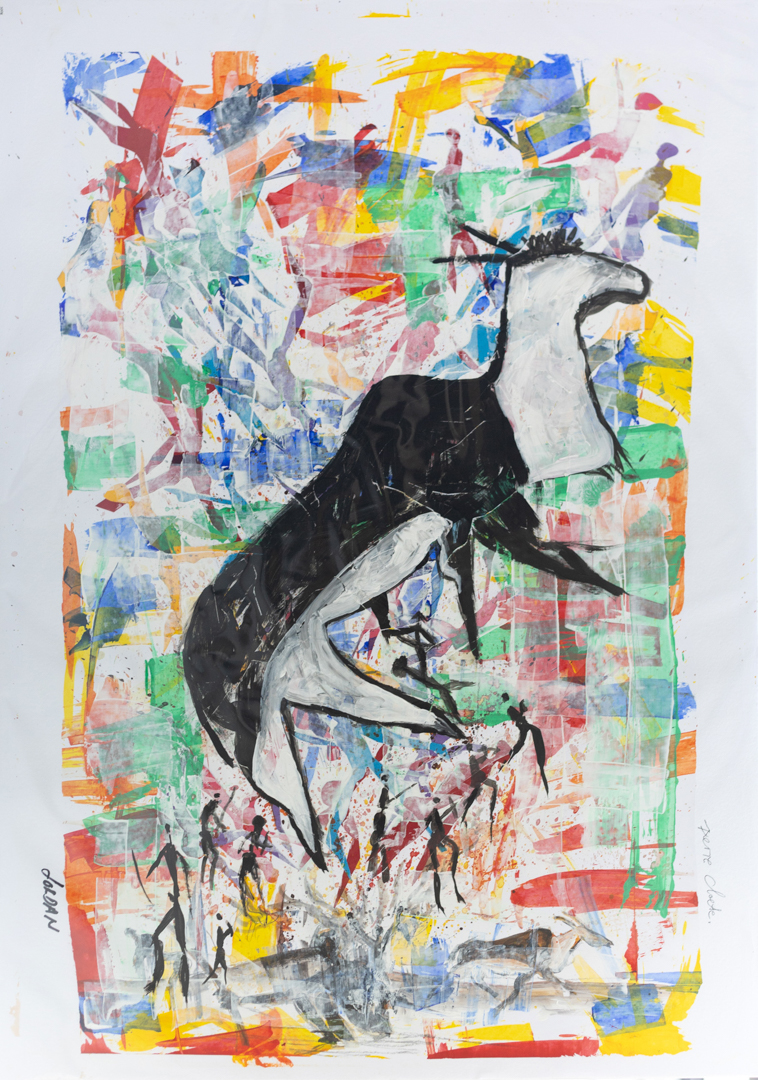 Painting of an animal against a colourful background. Surrounding the larger animal are small stick figures of hunters.