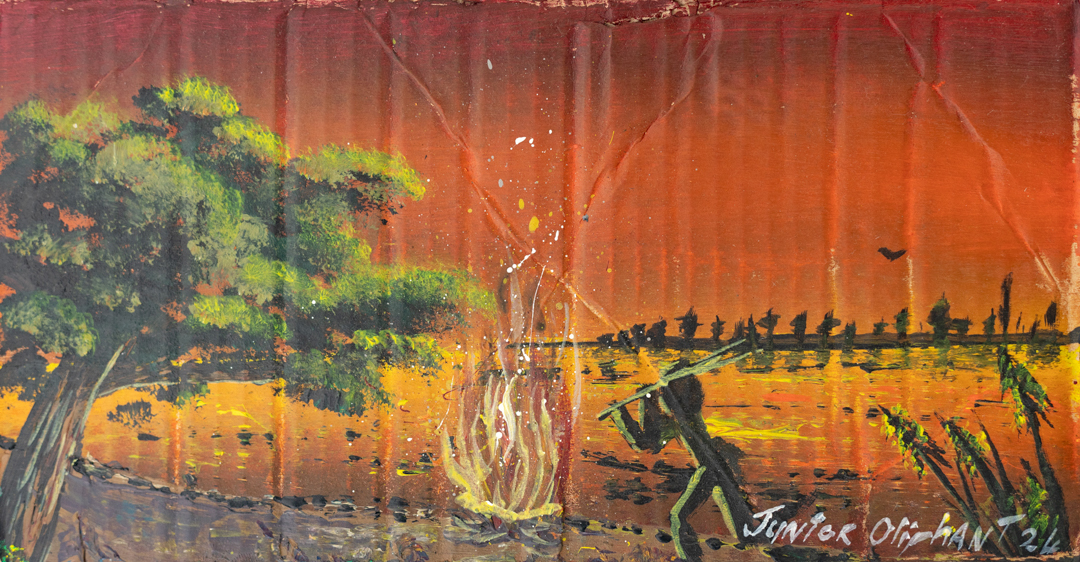 Painting of a person next to a campfire with a tree to the left.