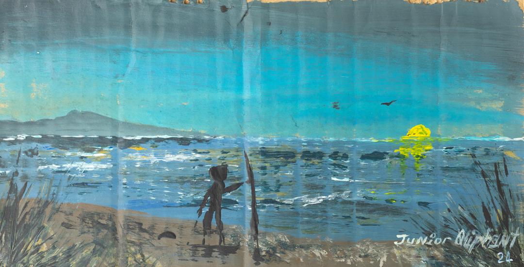 Painting of a landscape. A person looks at the sun setting over the sea.