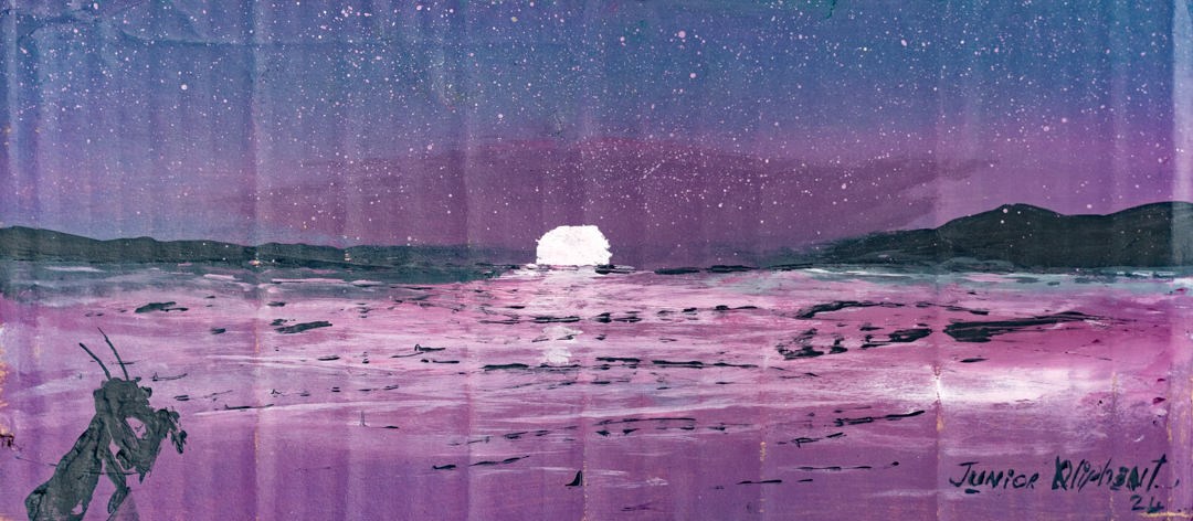 Painting of a purple landscape with the moon rising.